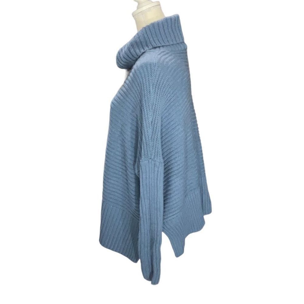 Joan Vass Blue Chunky Knit Cowl Neck Drop Shoulder Sweater Slit Sides Warm Sz M - Picture 4 of 7